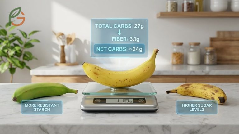 How many carbs in a banana guide explaining that a medium fruit has 27g total carbs and 3g fiber.