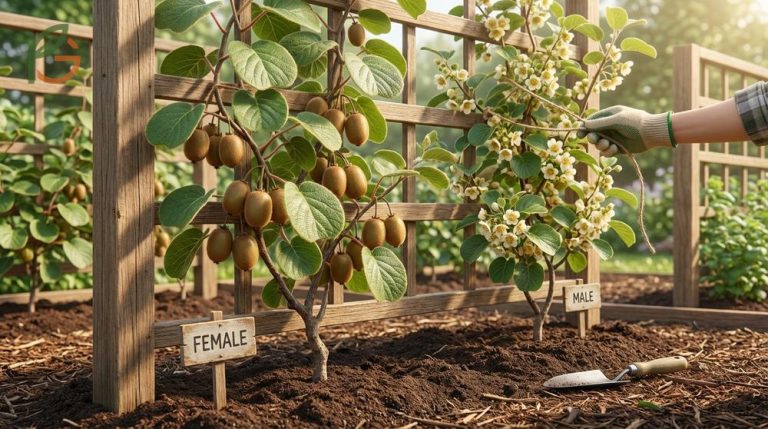 How to grow kiwi guide explaining the need for male and female vines and well-drained acidic soil for successful fruit.