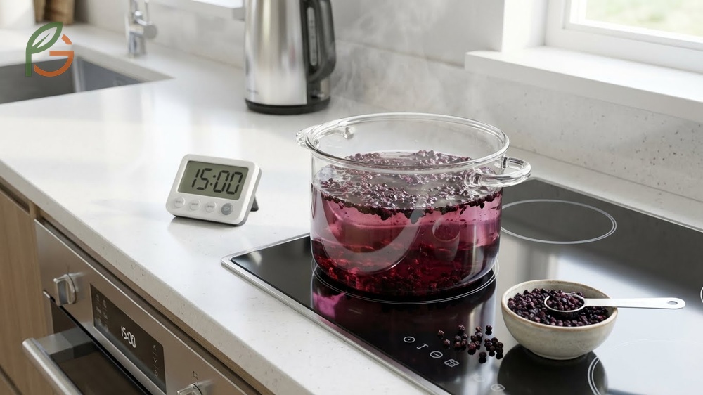 How to make elderberry tea by simmering two tablespoons of dried berries in water for 20 minutes to extract nutrients.