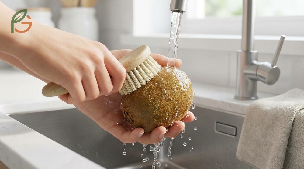 How to wash kiwi fruit using a brush and running water to remove dirt and residues.
