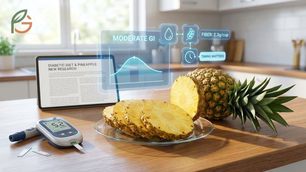 Nutritional breakdown showing 2.3g of fiber per cup in fresh pineapple which helps slow down glucose absorption.