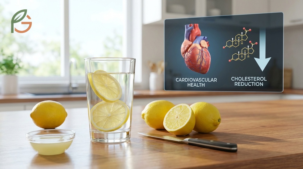 Lemon water lowers cholesterol levels through plant compounds like diosmin and hesperidin found in citrus.