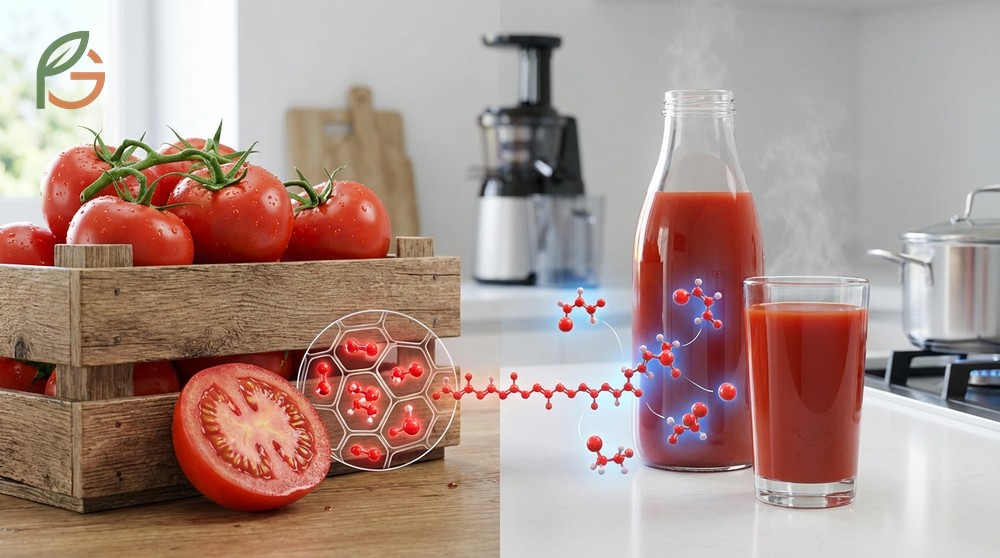 Lycopene in tomato juice vs raw tomatoes comparison shows processed juice delivers 21960mcg of lycopene which absorbs 2.5 times better than raw fruit.
