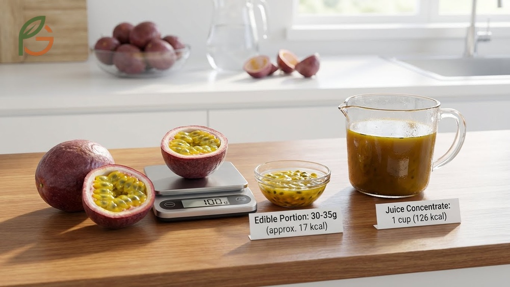Passion fruit calorie count comparison showing 17 calories for fresh fruit versus 126 calories for juice.