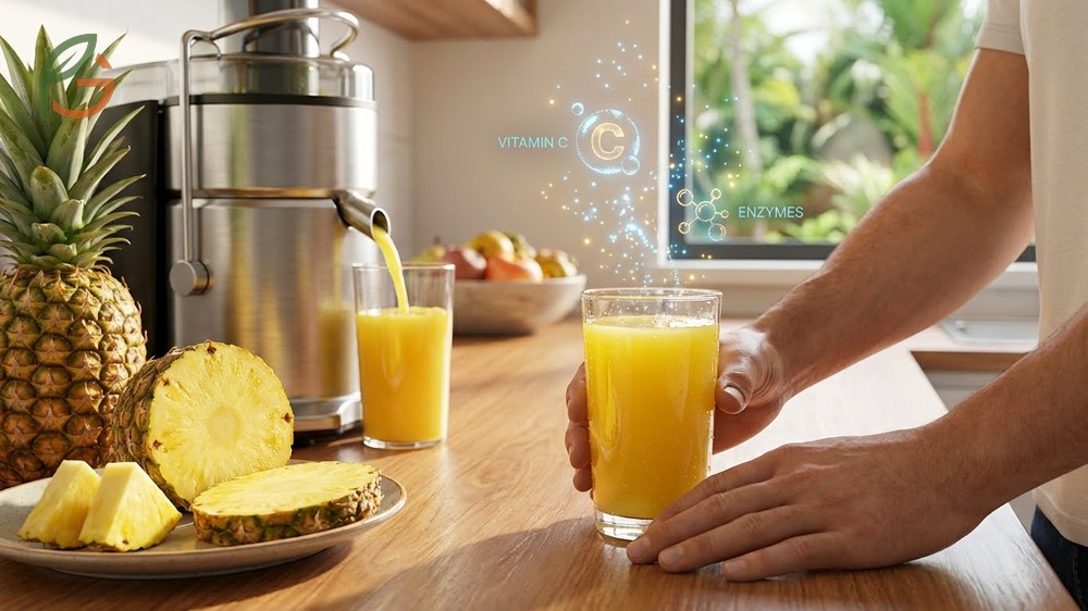 Fresh pressed pineapple juice glass compared to whole fruit slices showing nutrient concentration differences.