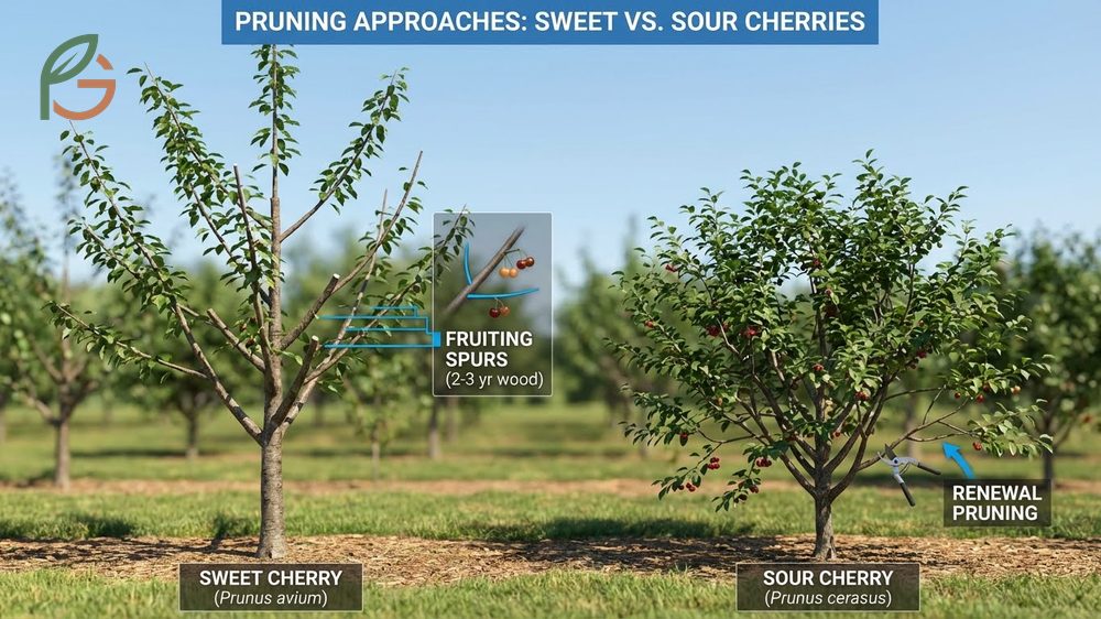 Pruning sweet vs sour cherries differences focusing on central leader systems for sweet and open center shapes for sour trees.