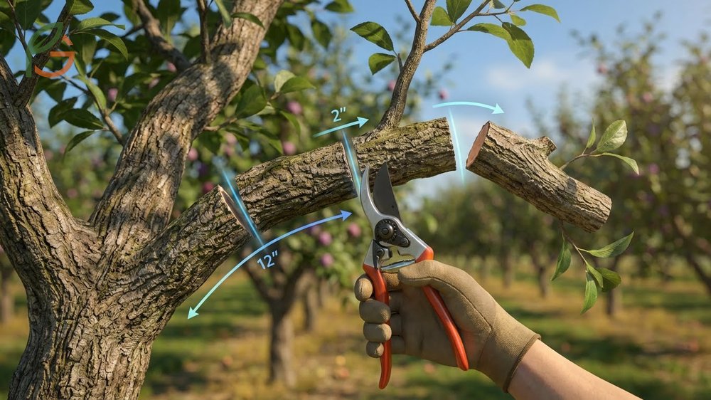 Pruning technique for plums involves the three-cut method to prevent bark tearing on branches thicker than one inch.