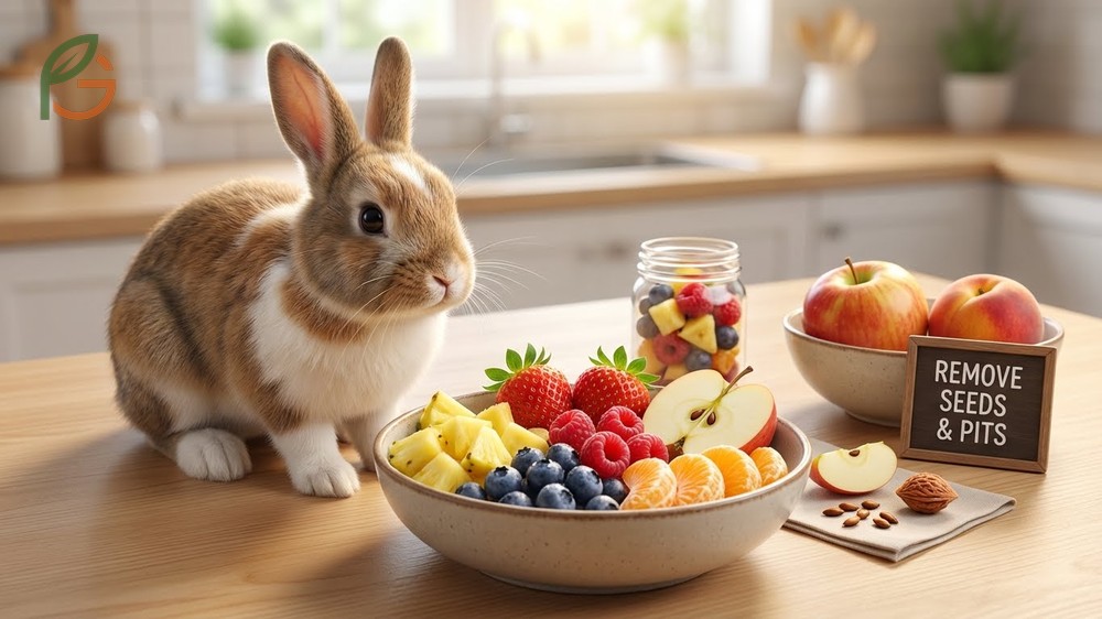 Safe fruits for rabbits include apples and berries offered as occasional treats alongside a hay diet.