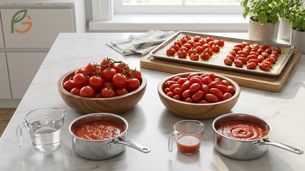 Using grape tomatoes instead of cherry requires reducing liquid in sauces by 2-3 tablespoons due to lower moisture content.