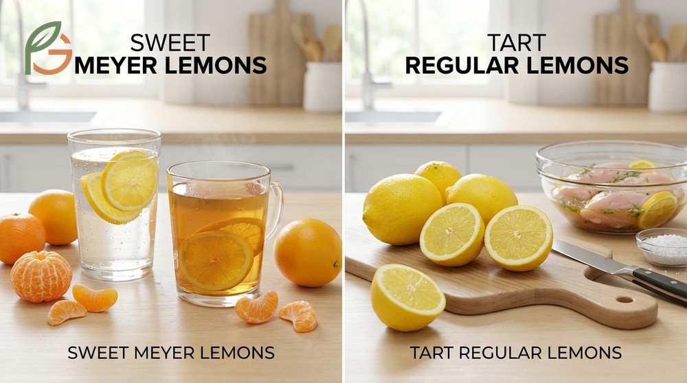 Sweet vs tart lemon flavor profiles make Meyers ideal for raw consumption while regular lemons suit cooking.