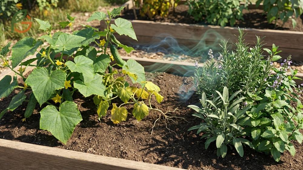 What not to plant with cucumbers focusing on aromatic herbs like mint and heavy feeders such as tomatoes.