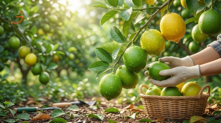 When to harvest limes guide showing the visual difference between green tart fruits and yellow ripe ones.