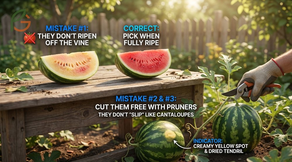 When watermelons ready they do not slip from the vine naturally so cutting the stem is necessary.