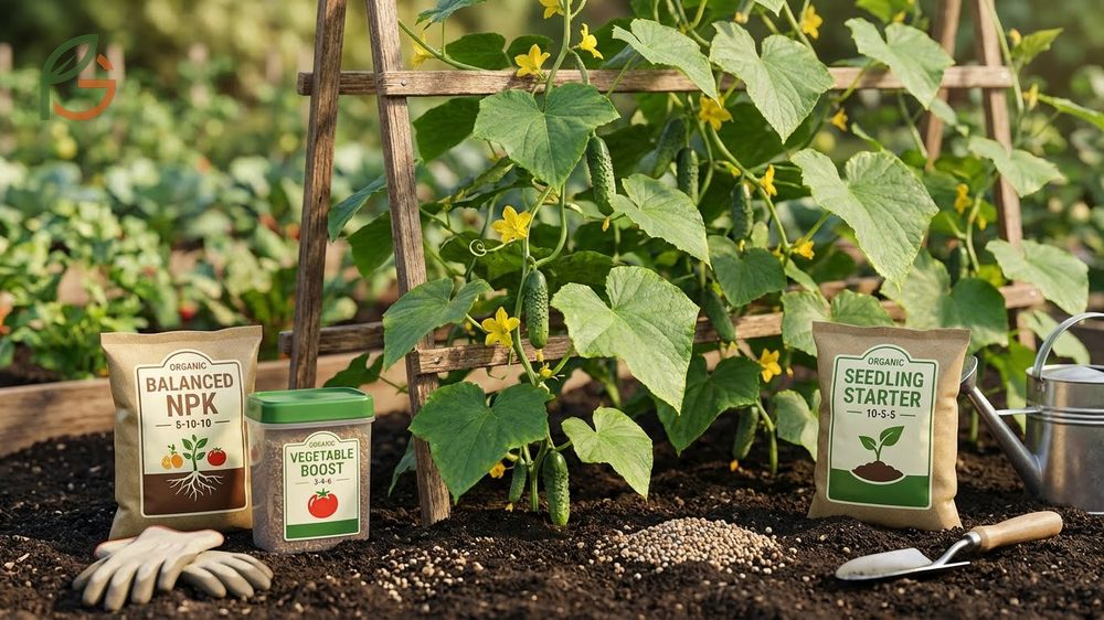 Best fertilizer for cucumbers applying 5-10-10 granules or organic compost to soil to support root development and flowering.