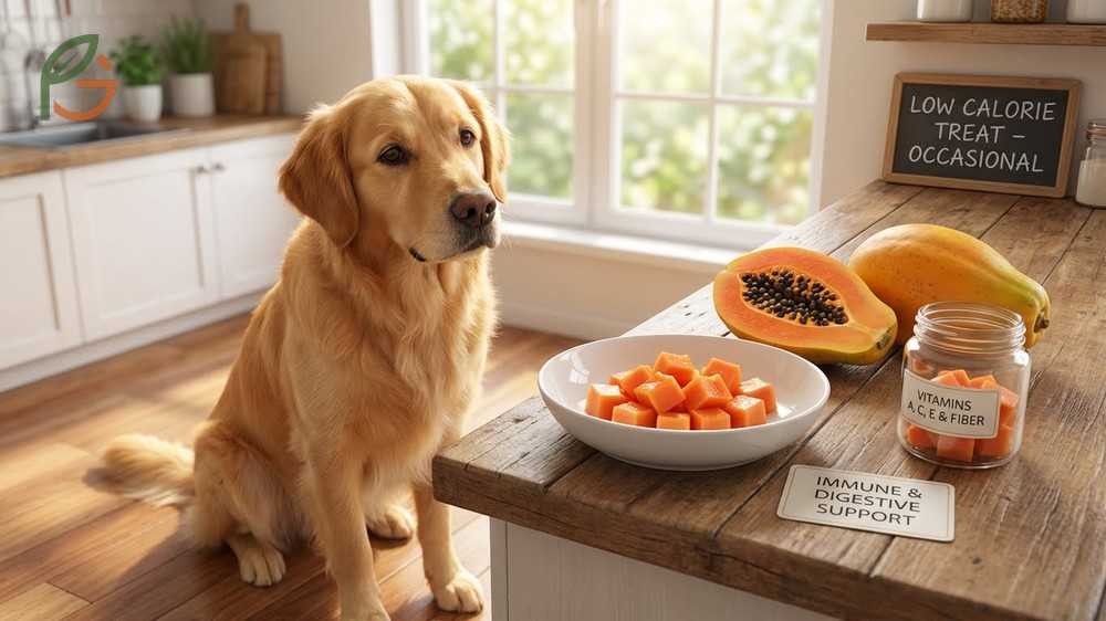 Can dogs eat papaya as a low calorie treat that provides 60mg of vitamin C per 100g serving.