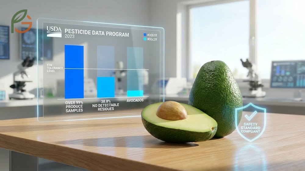 Conventional avocado safety confirmed by USDA testing showing 99 percent of samples below EPA tolerance levels.