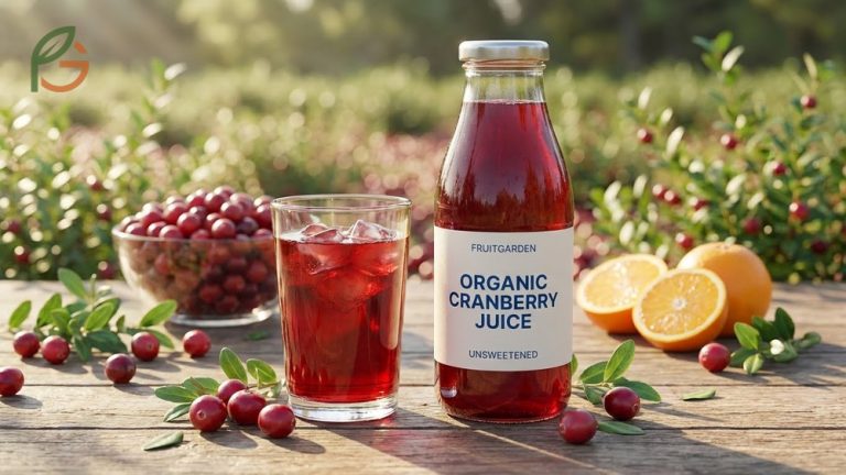 A bottle of premium unsweetened organic cranberry juice on a wooden table.