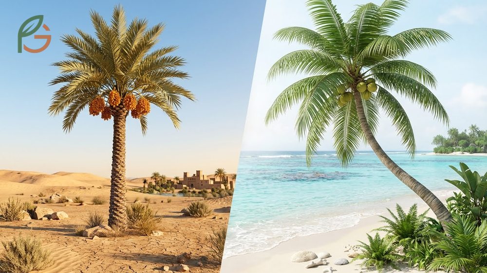 Date palm vs coconut palm comparison showing date clusters versus single coconuts and different leaf structures.