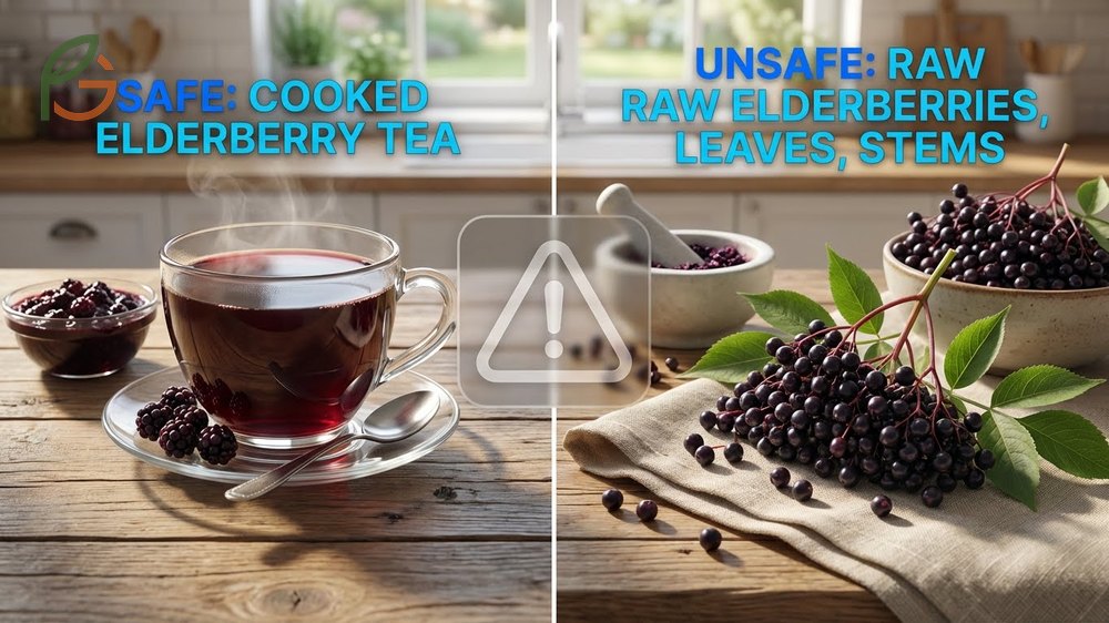 Elderberry tea side effects cautioning against using raw berries which can cause nausea and dizziness if not cooked properly.