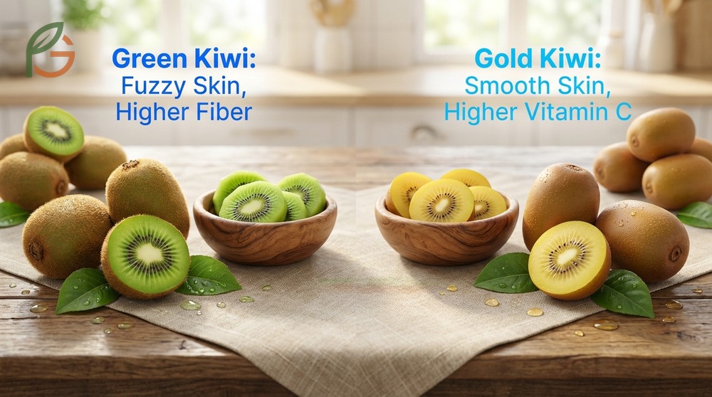 Gold vs green kiwi skin differences in texture and vitamin C content for healthy eating.