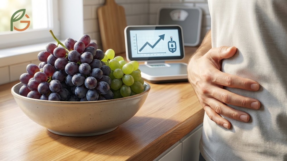 Grapes side effects and precautions depicted by proper portion sizing to avoid digestive discomfort.