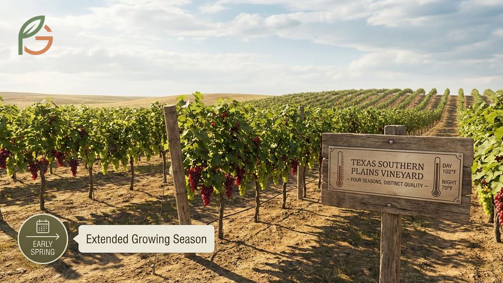 Growing grapes in Texas climate utilizing hot days and cool nights for optimal sugar accumulation in berries.