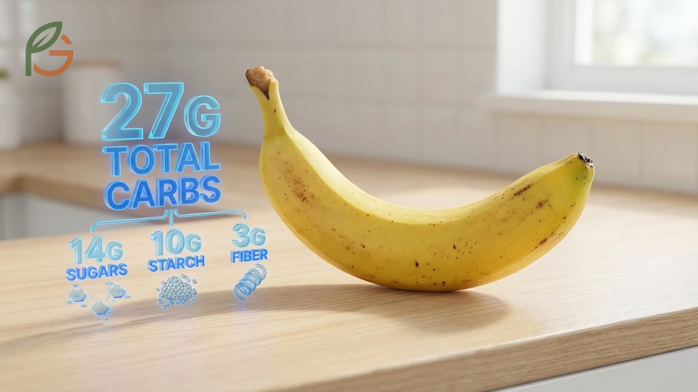 How many carbs in a banana total 27g with net carbs calculated by subtracting fiber content.