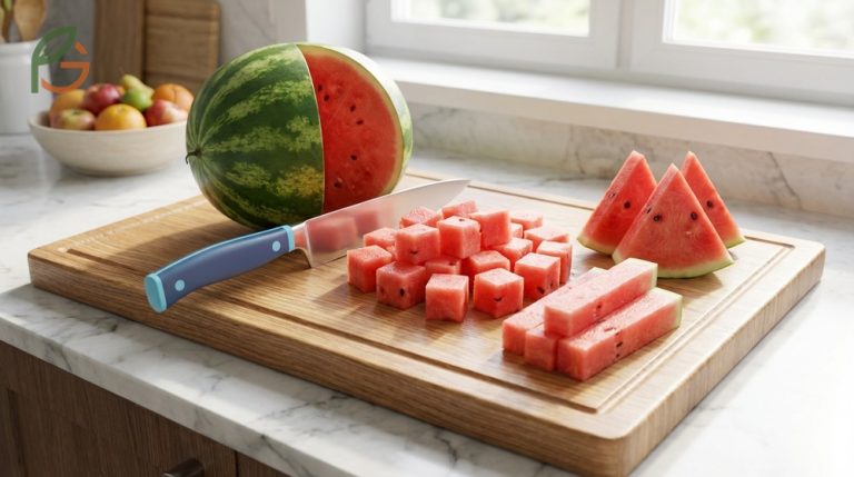 How to cut a watermelon into cubes uses the rindless method to create neat bite sized pieces for salads.