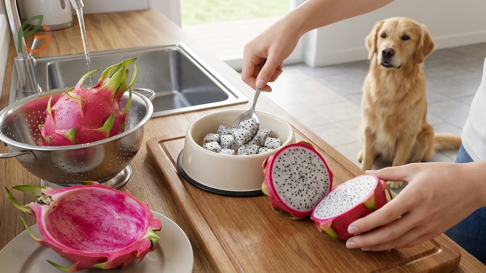 How to prepare dragon fruit for dogs by peeling the skin and cutting the flesh into small bite sized cubes.