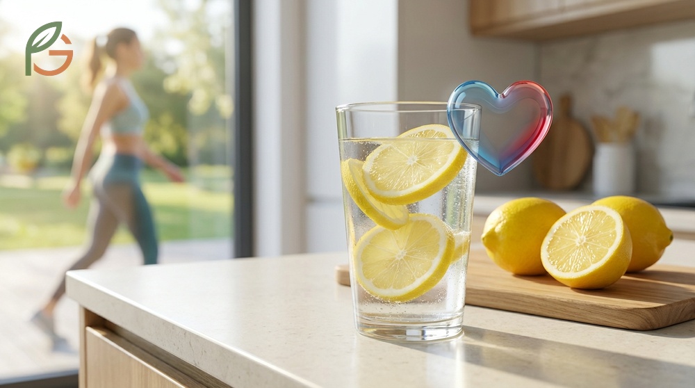 Lemon water supports heart health providing potassium to regulate blood pressure and antioxidants for vessel protection.