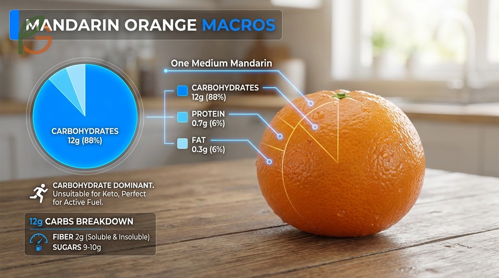 Mandarin orange macros showing 12g carbs and negligible fat content for balanced diet planning.