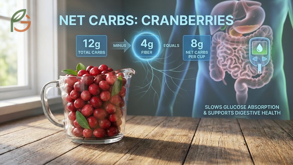 Net carbs cranberries calculation reveals 8g net carbs per cup after subtracting 4g dietary fiber from total.