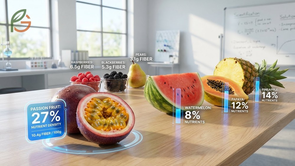 Nutrient density analysis of passion fruit revealing superior fiber and iron content compared to other fruits.