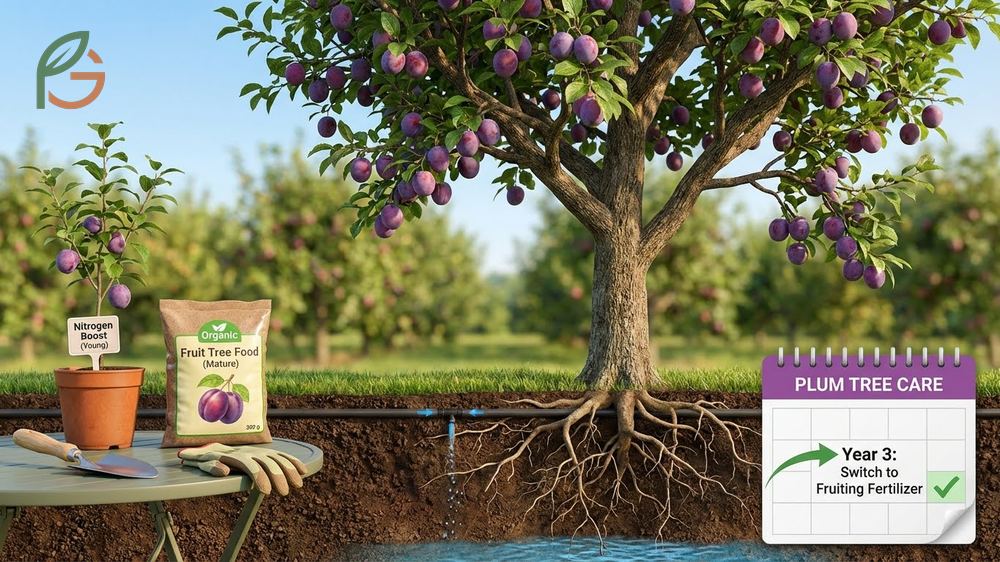 Plum tree maintenance includes deep weekly watering and fruit thinning to spacing of 4 to 6 inches.