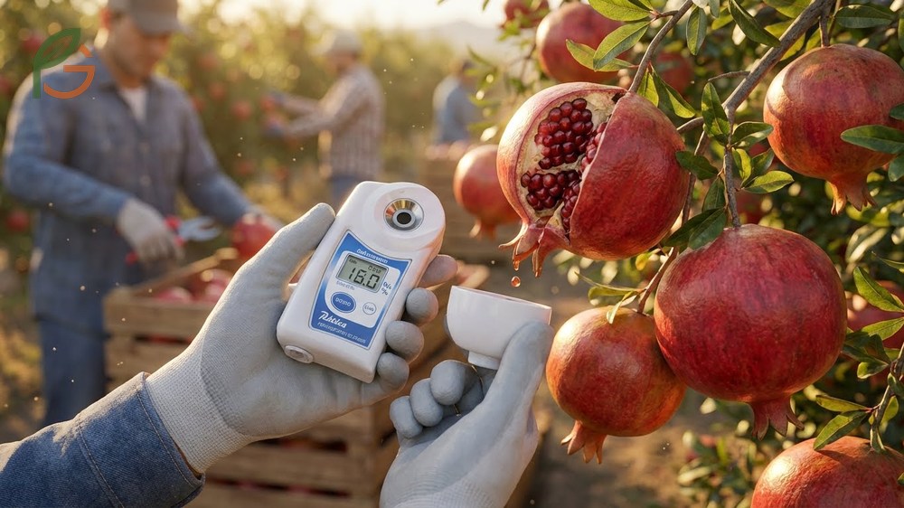 Pomegranate harvest season timing relies on indicators like hexagonal shapes and metallic tapping sounds to ensure optimal ripeness.