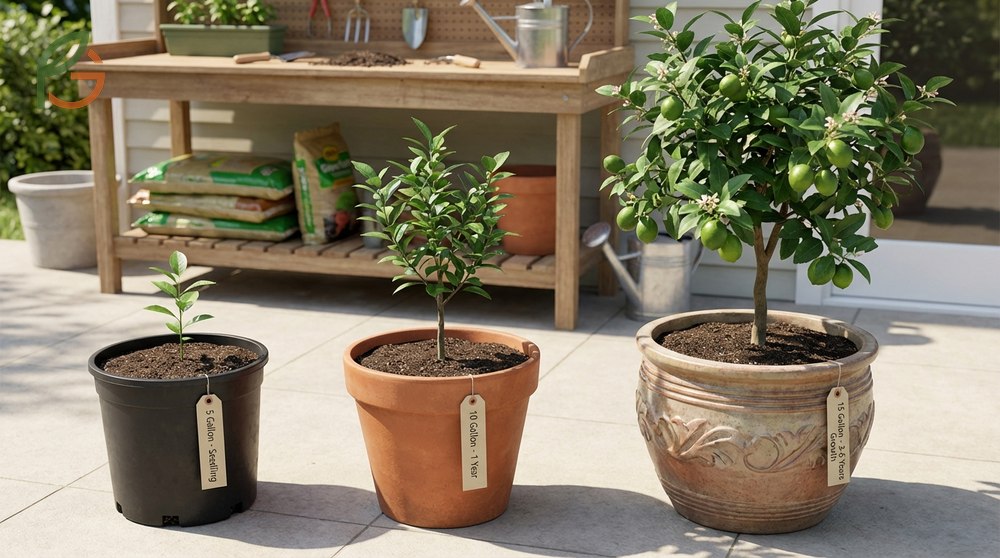 Pot size for lime trees should start at 15 gallons for nursery stock and increase to 25 gallons as the canopy expands over years.