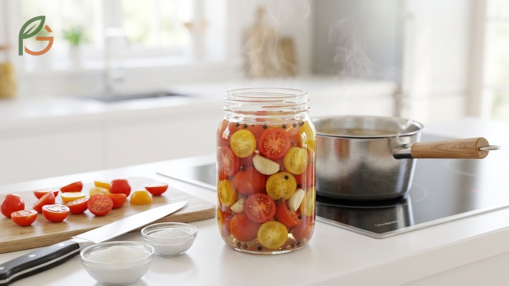 Quick pickled cherry tomatoes made with hot brine and aromatics ready to eat in 24 hours.