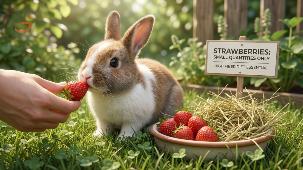 Rabbits eating strawberries safely: 1-inch portions 1-2 times weekly with 4.9g sugar per 100g requiring careful monitoring