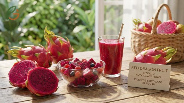 Red dragon fruit benefits include powerful antioxidants from betalains and 3 grams of fiber for digestive health.