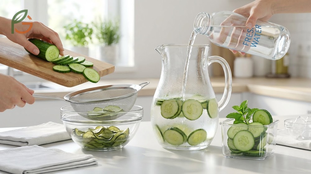 Adding fresh cucumber slices and ice to refresh a pitcher of infused water for serving.