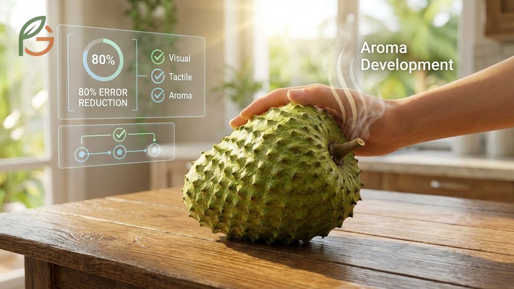 Soursop ripeness indicators include a sweet tropical aroma from the stem end and easy separation from the branch.