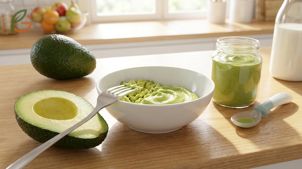 How to make avocado puree for baby by mashing ripe fruit with a fork and thinning with breast milk for a smooth consistency.