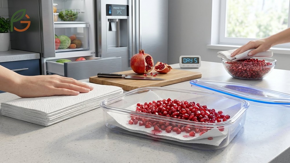 How to eat a pomegranate later requires storing dry arils in an airtight container in the fridge for up to 5 days.