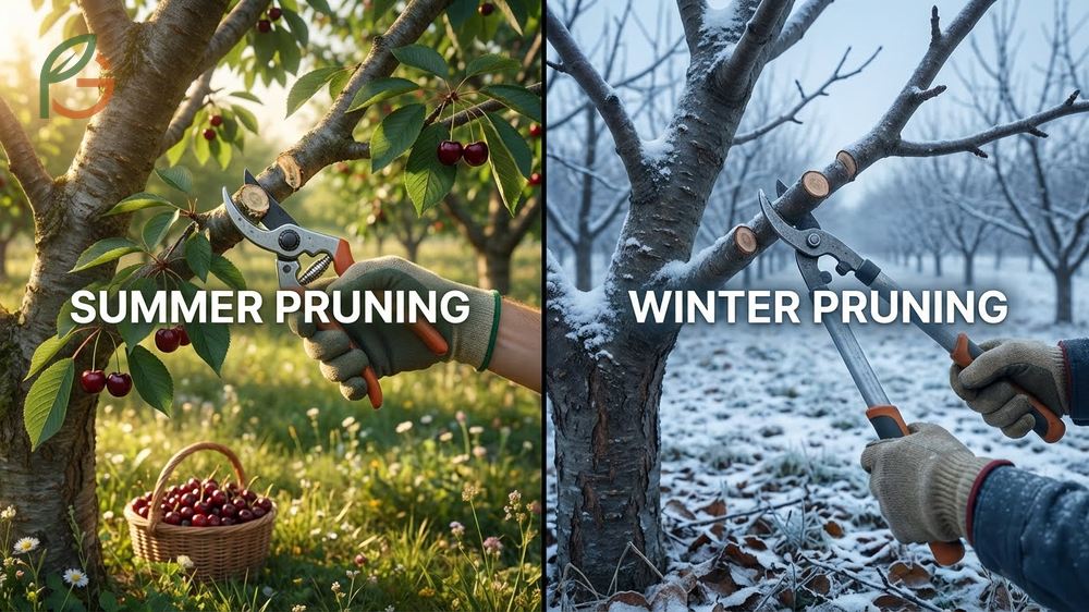 Summer pruning vs winter pruning comparison showing how summer cuts control size while winter cuts stimulate vigorous growth.