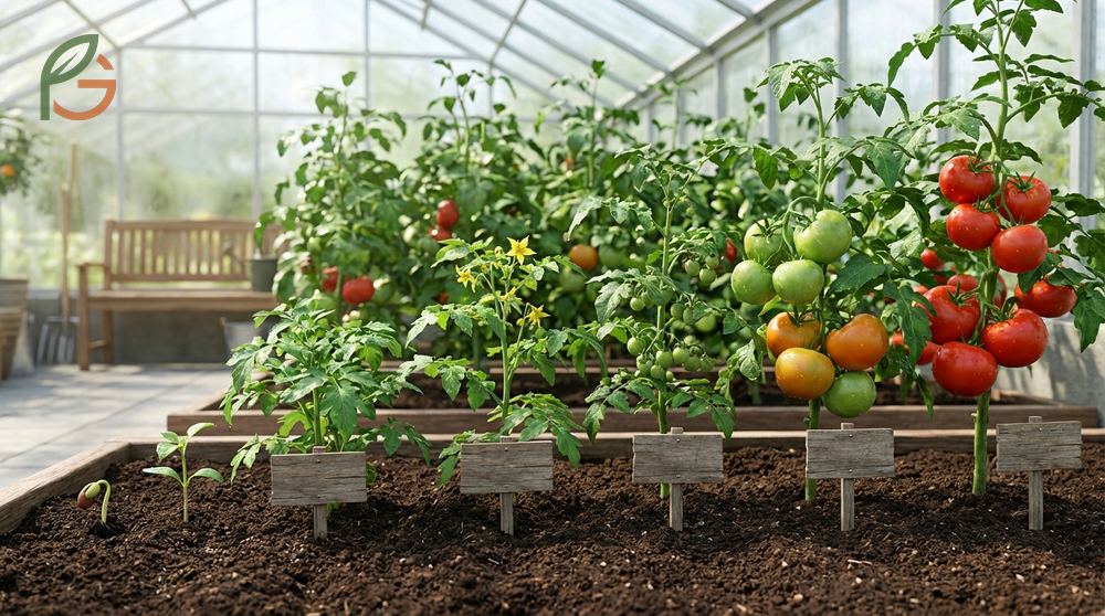 Tomato growth stages progress through seven distinct phases from germination and seedling to fruit ripening.