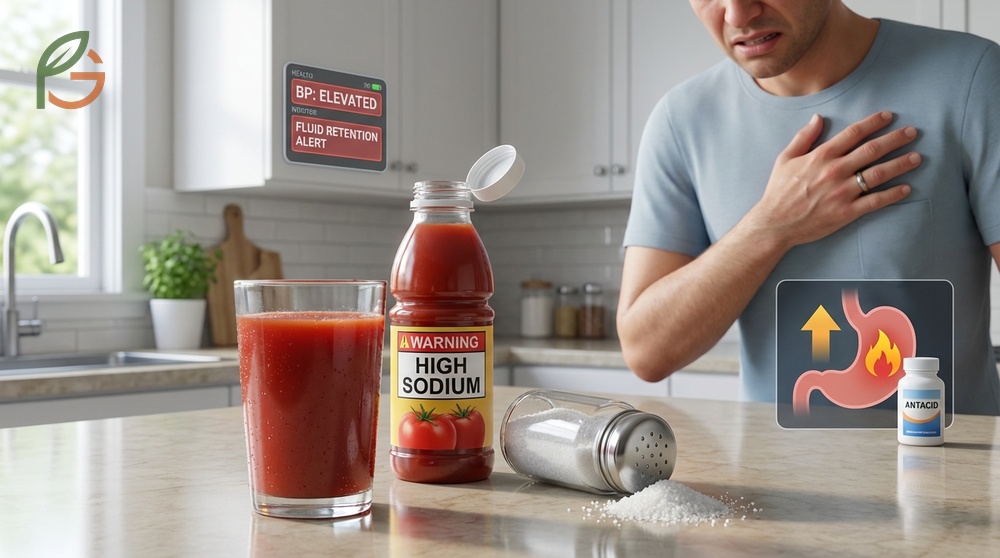 Tomato juice side effects may include acid reflux due to pH 4.2 acidity and fluid retention from high sodium content in commercial varieties.