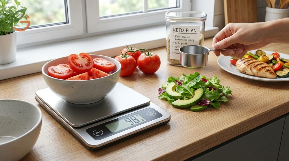 Healthy keto meal examples including tomato omelets and salads with portion control strategies for fat burning.