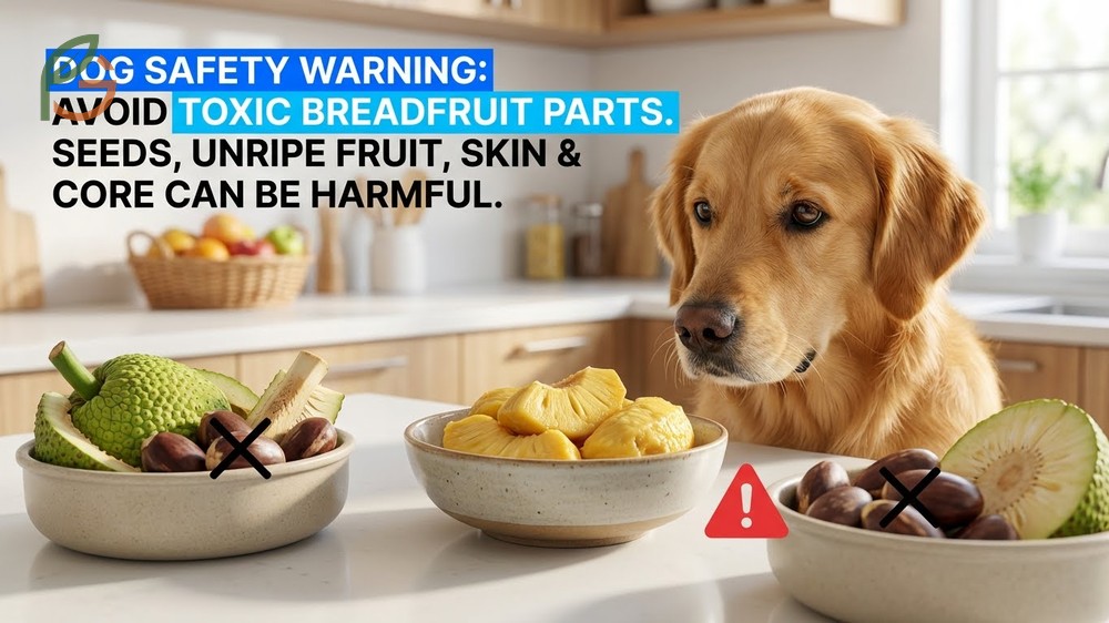 Toxic parts to avoid including seeds and skin risks when feeding breadfruit to dogs.