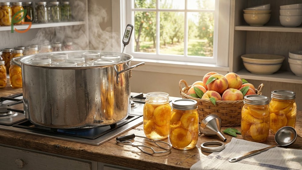 How to can peaches using water bath processing at 212 degrees Fahrenheit to preserve fruit for 12 to 18 months.