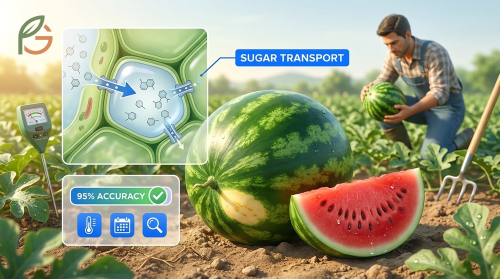 Watermelon maturity indicators are crucial because the fruit stops accumulating sugar once it is harvested.
